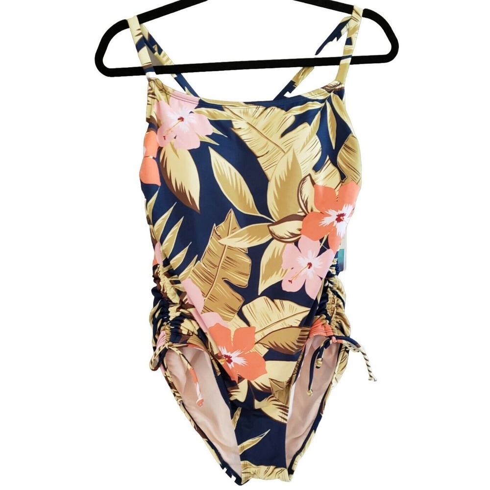 Beach Betty by Miracle Brands One Piece Swimsuit Sz 1X Ruched Floral Green NWT